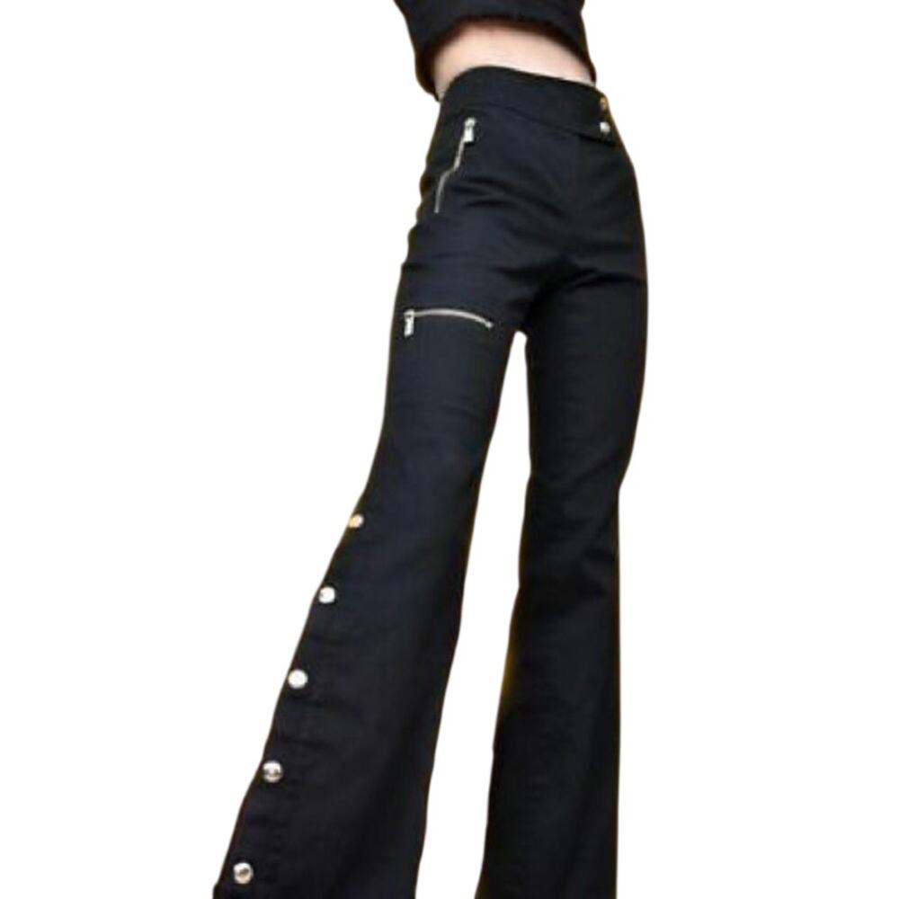 MICHAEL Michael Kors RiRi Bell Bottom Snap Flare Pants 6 Black Silver Zip